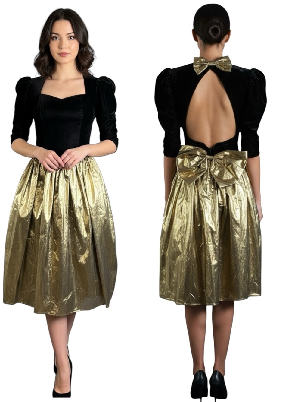 Vintage 80s Gunne Sax Gold Lame Black Velvet Puff Sleeve Open Back Bow Dress 5